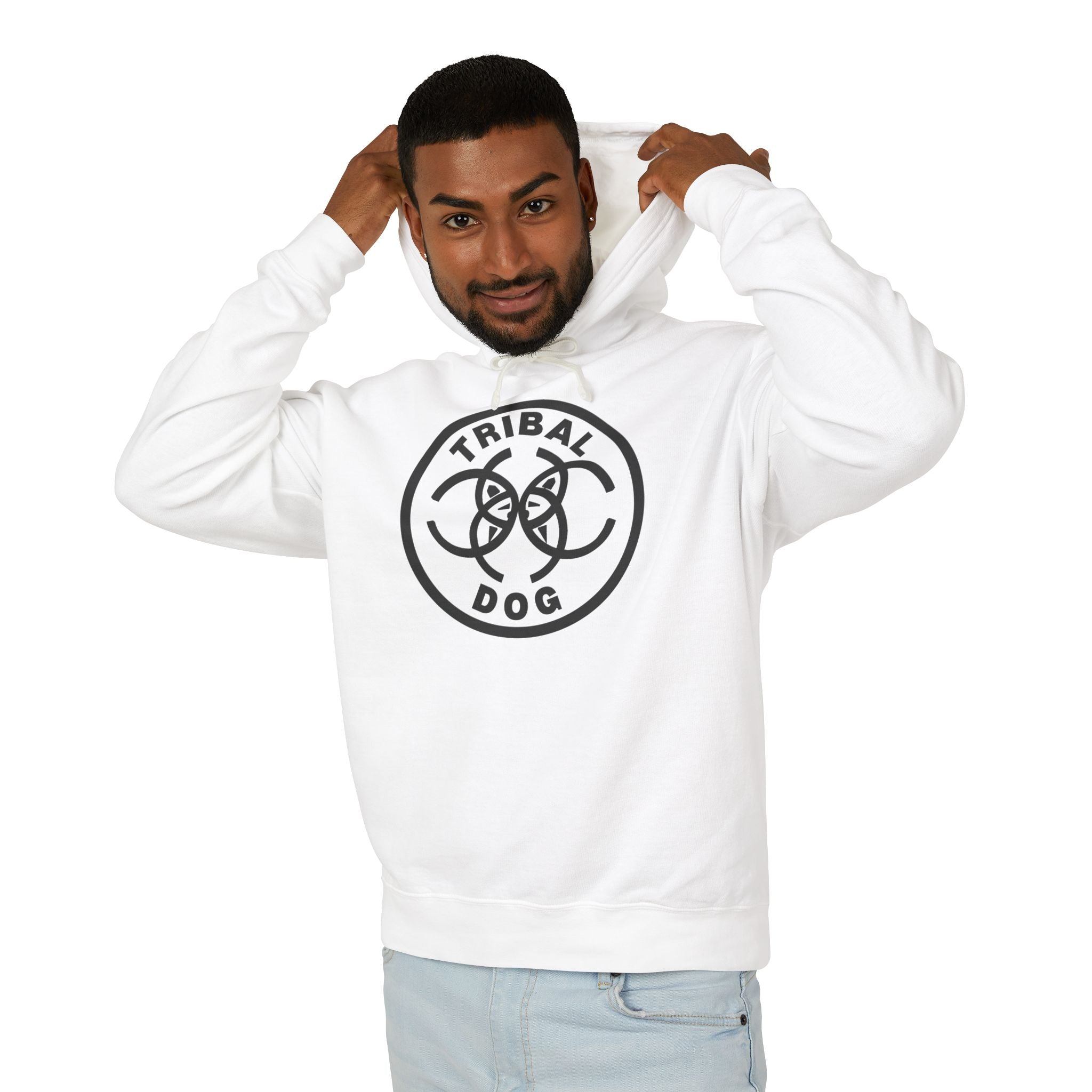 Tribal Dog White Hoodie – TDCIRC1 Edition (Black Logo), Lightweight Hooded Sweatshirt