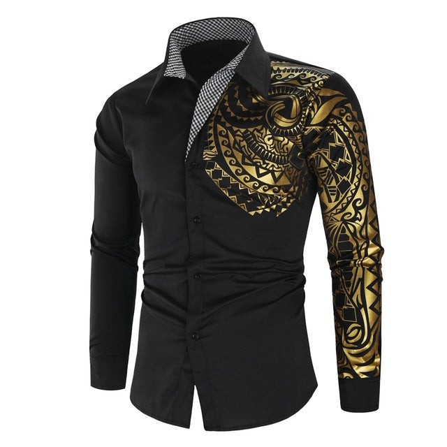 Lit Kouture Luxury Gold Black Shirt Men New Slim Fit Long Sleeve