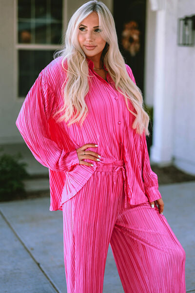 Pleated Button Up Shirt and Wide-Leg Pants Set